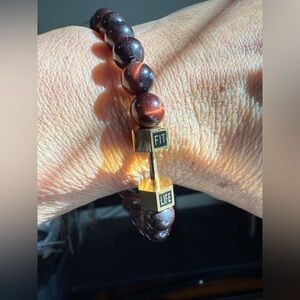 Tiger Eye Stretch Beaded Bracelet with Gold Dumbbell Charm for Men or Women-NWNT